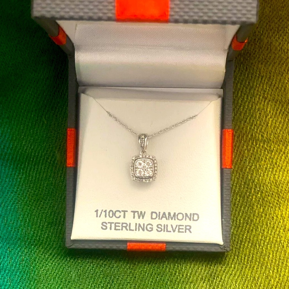 1/10CT TW Diamond Square Pendant 18” Sterling Silver Necklace New in Box